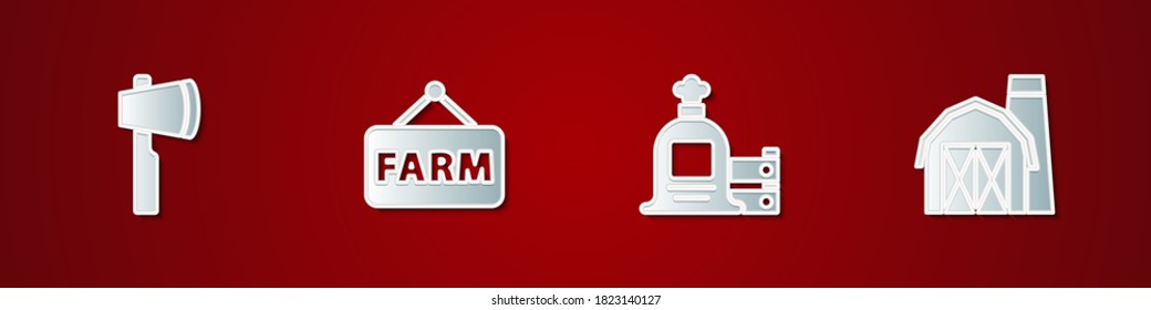 Set Wooden axe, Signboard with text Farm, Full sack and wooden box and house icon. Vector.