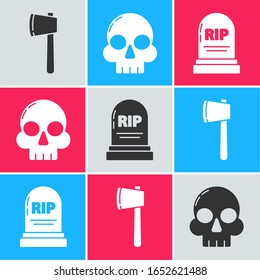 Set Wooden axe , Skull  and Tombstone with RIP icon. Vector