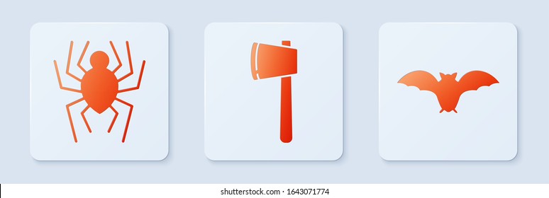 Set Wooden axe , Spider  and Flying bat . White square button. Vector