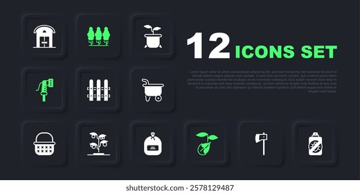 Set Wooden axe, Spray against insects, Garden fence wooden, Sprout, hose, Fruit trees and Pack full of seeds icon. Vector