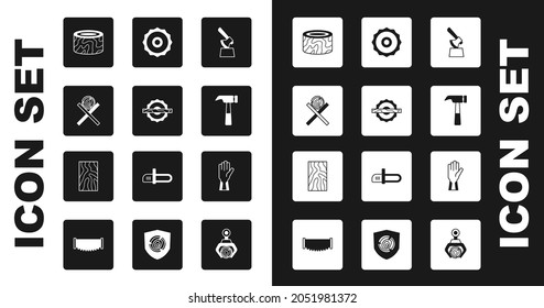 Set Wooden axe in stump, Electric circular saw, logs on stand, Tree, Hammer, blade, Protective gloves and beam icon. Vector