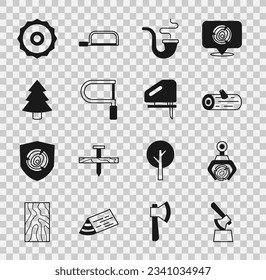 Set Wooden axe in stump, Grapple crane grabbed log, logs, Smoking pipe, Hacksaw, Christmas tree, ircular blade and Electric jigsaw icon. Vector