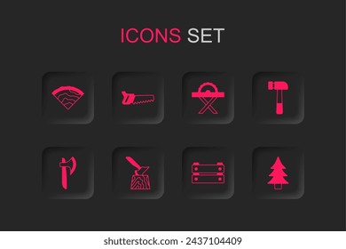 Set Hacha de madera en tocón, sierra de mano, viga, caja, martillo, árbol, circular eléctrica e icono. Vector
