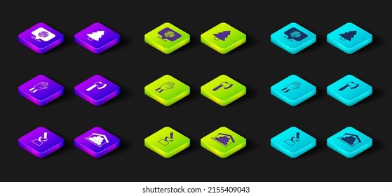 Ponga el hacha de madera en trozos, troncos, guantes protectores, árbol de Navidad e icono. Vector