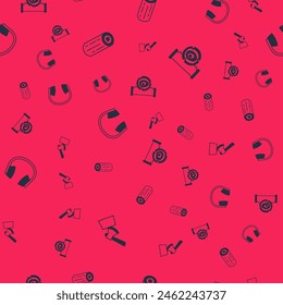 Set Wooden axe in stump, logs, Headphones and Two-handed saw and on seamless pattern. Vector