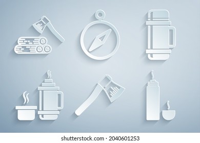 Set Wooden axe, Thermos container, Compass and and wood icon. Vector