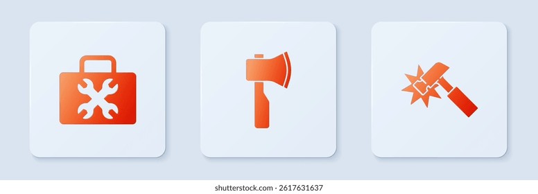 Set Wooden axe, Toolbox and Hammer. White square button. Vector