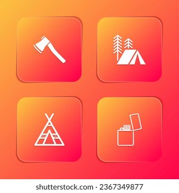 Set Wooden axe, Tourist tent,  and Lighter icon. Vector