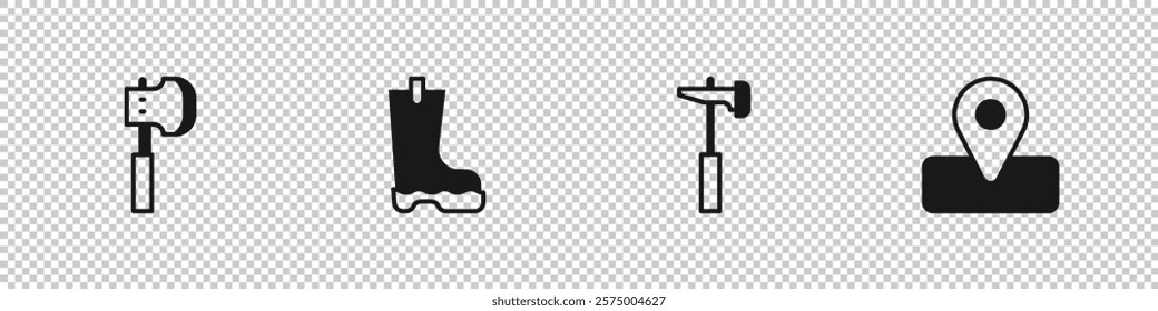 Set Wooden axe, Waterproof rubber boot, Hammer and Location for camping icon. Vector