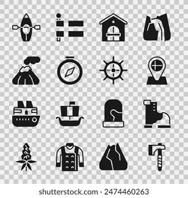 Set Wooden axe, Winter warm boot, Location flag Iceland, Farm house, Compass, Volcano, Kayak paddle and Ship steering wheel icon. Vector