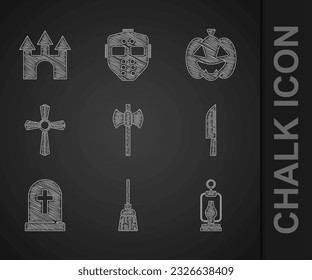 Set Wooden axe, Witches broom, Camping lantern, Knife, Tombstone with cross, Pumpkin and Castle icon. Vector