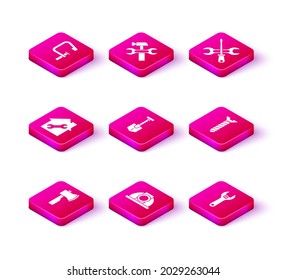 Set Wooden axe, Worker safety helmet, House repair, Shovel, Adjustable wrench, Metallic screw, Screwdriver and and Hammer icon. Vector
