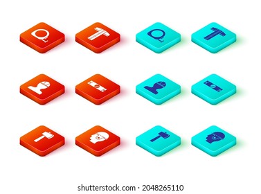 Set Wooden axe, Worker safety helmet, Construction bubble level, T-square line and Roulette construction icon. Vector