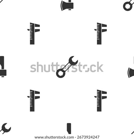 Set Wooden axe, Wrench spanner and Calliper or caliper and scale on seamless pattern. Vector