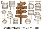 Set wooden banner, sign posts or boards. Signboard, signpost with signs indicating direction. Sketch vintage vector