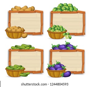 Set of wooden banner and vegetable illustration