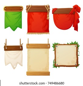 Set of wooden banners with decorative cloth flags and paper posters. Cartoon vector illustration