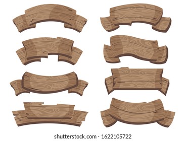 Set of wooden banners with decorative elements. Cartoon wooden board  isolated on white background. Vector illustration
