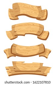 Set of wooden banners with decorative elements. Cartoon wooden board  isolated on white background. Vector illustration