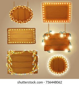 Set of wooden banners with decorative light garlands. Cartoon vector illustration