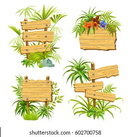 Set of wooden banners with leaves and flowers. Vector illustration.