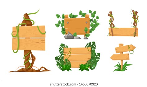 Set of wooden banners with liana branches and rainforest tropical leaves. Game wooden empty boards isolated jungle cartoon elements games gui interface vector illustration