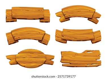 Set of wooden banners in various curved and rustic shape designs. Vector cartoon illustration