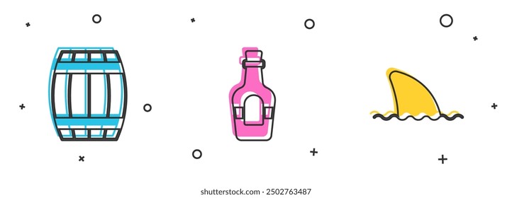 Set Wooden barrel, Alcohol drink Rum and Shark fin ocean wave icon. Vector