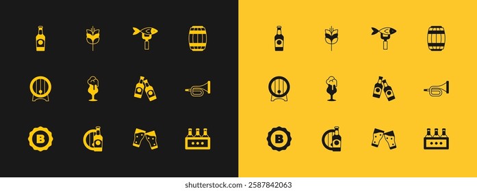 Set Wooden barrel, Beer bottle and wooden, Glass of beer, Dried fish,  and Wheat icon. Vector