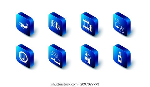 Set Wooden barrel, Beer brewing process, bottle, and glass,  and Dried fish icon. Vector