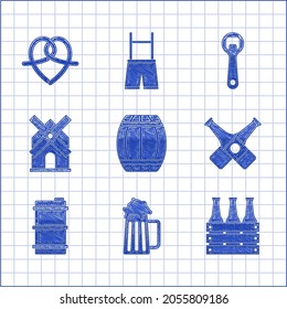 Set Wooden barrel, beer mug, Pack of bottles, Crossed, Metal keg, Windmill, Bottle opener and Pretzel icon. Vector