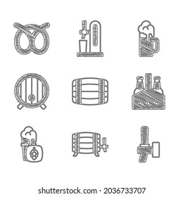 Set Wooden barrel, Beer tap, Pack of beer bottles, Glass, mug and Pretzel icon. Vector