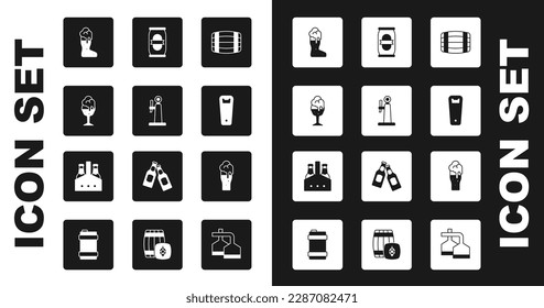 Set Wooden barrel, Beer tap, Glass of beer, Boot glass, Bottle opener, can,  and Pack bottles icon. Vector