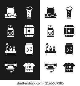 Set Wooden barrel, Bottle opener, Cold beer can, Glass of, Conveyor band,, Beer, T-shirt and helmet icon. Vector