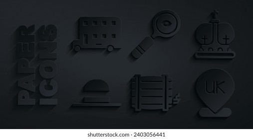 Set Wooden barrel, British crown, Elegant women hat, Location England, Magnifying glass and Double decker bus icon. Vector