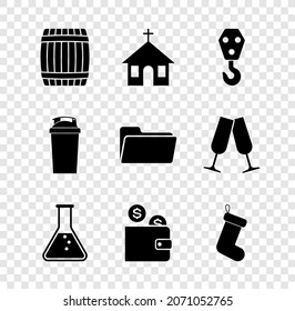 Set Wooden Barrel, Church Building, Industrial Hook, Test Tube And Flask, Wallet With Coin And Christmas Sock Icon. Vector
