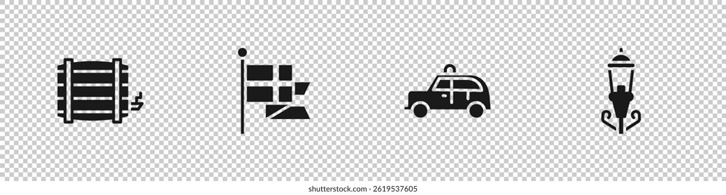 Set Wooden barrel, England flag on flagpole, Taxi car and Vintage street light icon. Vector
