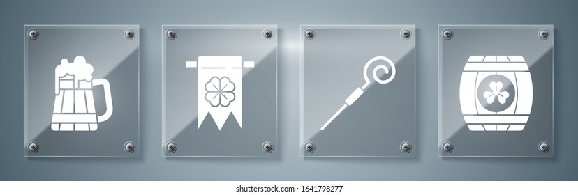 Set Wooden barrel with four leaf clover, Walking stick, Four leaf clover and party pennant and Wooden beer mug. Square glass panels. Vector