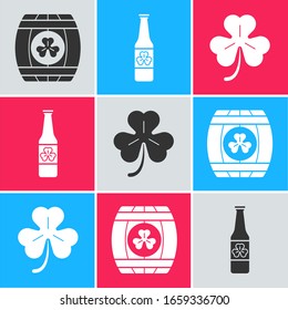 Set Wooden barrel with four leaf clover, Beer bottle with four leaf clover and Four leaf clover icon. Vector
