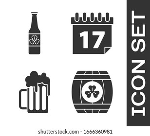 Set Wooden barrel with four leaf clover, Beer bottle with four leaf clover, Wooden beer mug and Saint Patrick's day with calendar icon. Vector