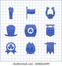 Set Wooden barrel with four leaf clover, Witch cauldron, Four and party pennant, Street signboard, Medal, Leprechaun hat, Horseshoe and Glass of beer icon. Vector