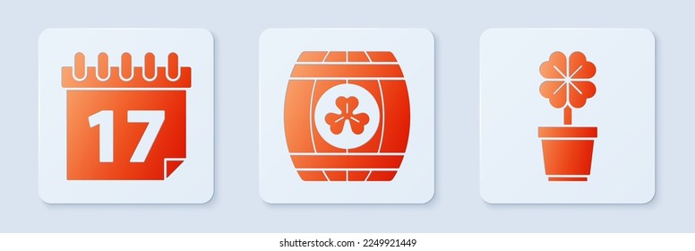 Set Wooden barrel with four leaf clover, Saint Patrick's day with calendar and Four leaf clover in pot. White square button. Vector