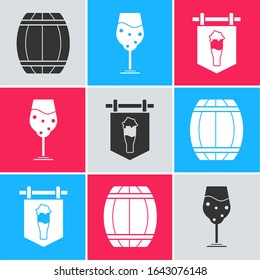 Set Wooden barrel, Glass of beer and Street signboard with glass of beer icon. Vector