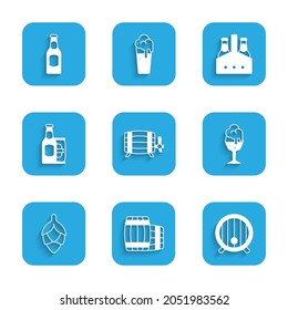 Set Wooden barrel, Glass of beer, Hop, Beer bottle and can, Pack bottles and  icon. Vector