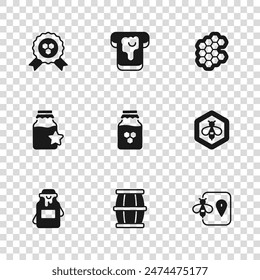 Set Wooden barrel with honey, Bee and honeycomb, location, Jar of, Honeycomb, award, Bread and  icon. Vector