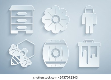 Set Wooden barrel with honey, Beekeeper protect hat, and honeycomb, Honeycomb, Flower and Hive for bees icon. Vector