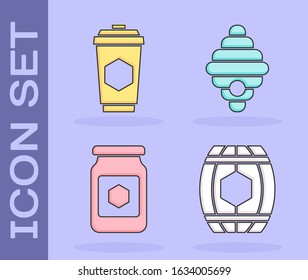 Set Wooden barrel with honey, Cup of tea with honey, Jar of honey and Hive for bees icon. Vector