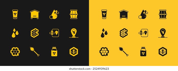 Conjunto Barril de madera con miel, palo de miel, ubicación de la abeja, tarro de miel, panal y panal, tubo cosmético y colmena para el icono de las abejas. Vector