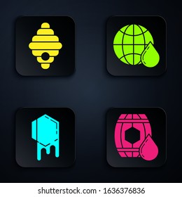 Set Wooden barrel with honey, Hive for bees, Honeycomb and Honeycomb map of the world. Black square button. Vector