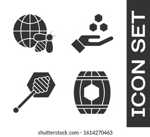 Set Wooden barrel with honey, Honeycomb map of the world and bee, Honey dipper stick and Honeycomb and hand icon. Vector